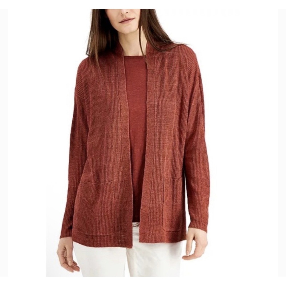 Eileen Fisher Organic Linen Ribbed Open Cardigan Rust Orange XS Pockets - Picture 3 of 8